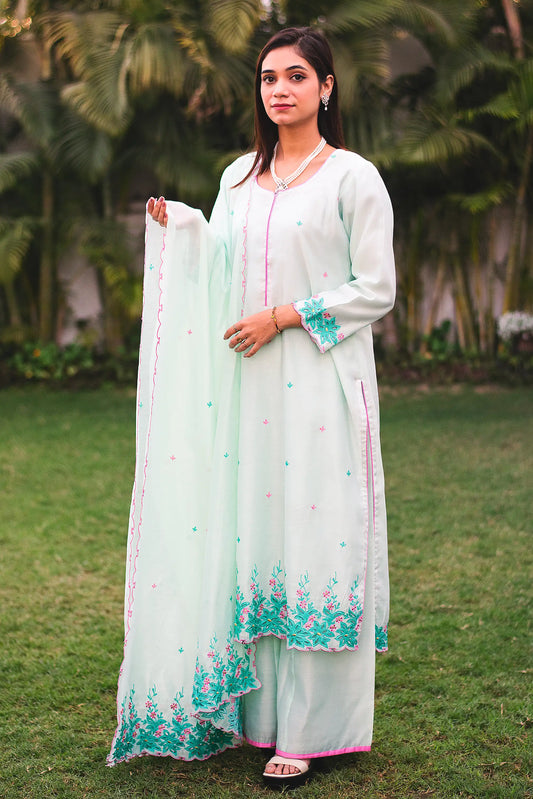 Sea-green chanderi resham embroidered kurta and dupatta with sea-green palazzo