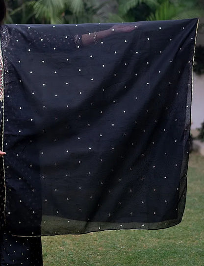 Black Silk Kurta with Zardozi,Black Chanderi Dupatta and Black Palazzo