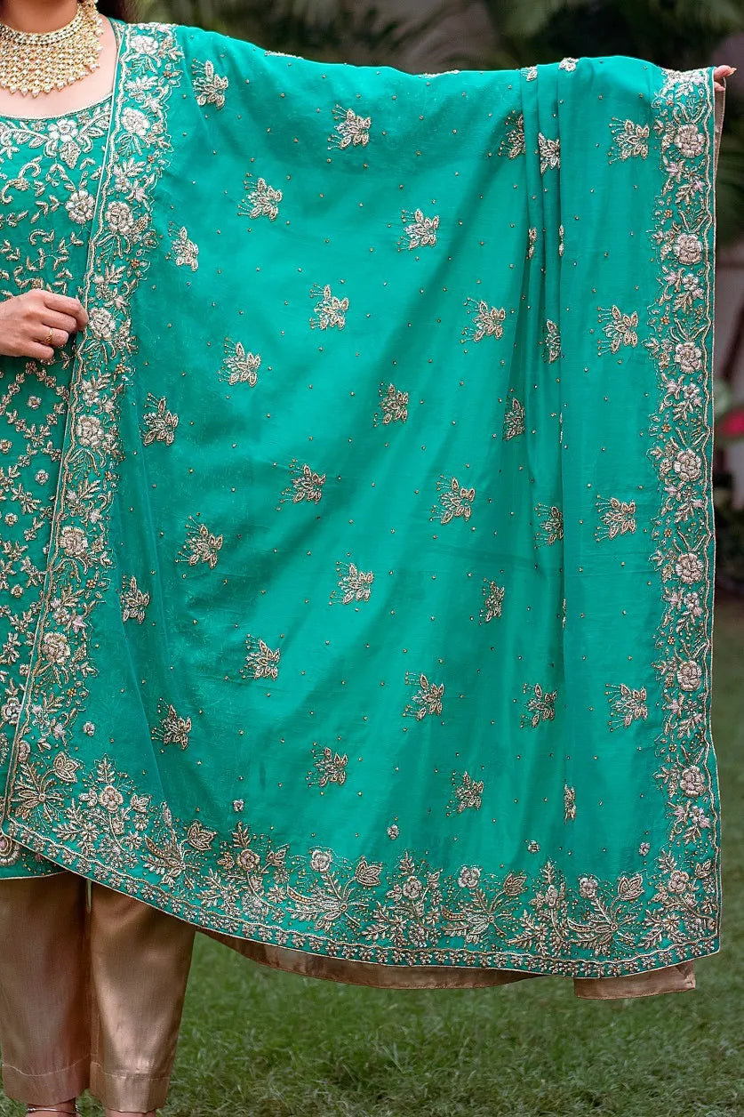 Sea-green chanderi zardozi work kurta and dupatta with golden trousers