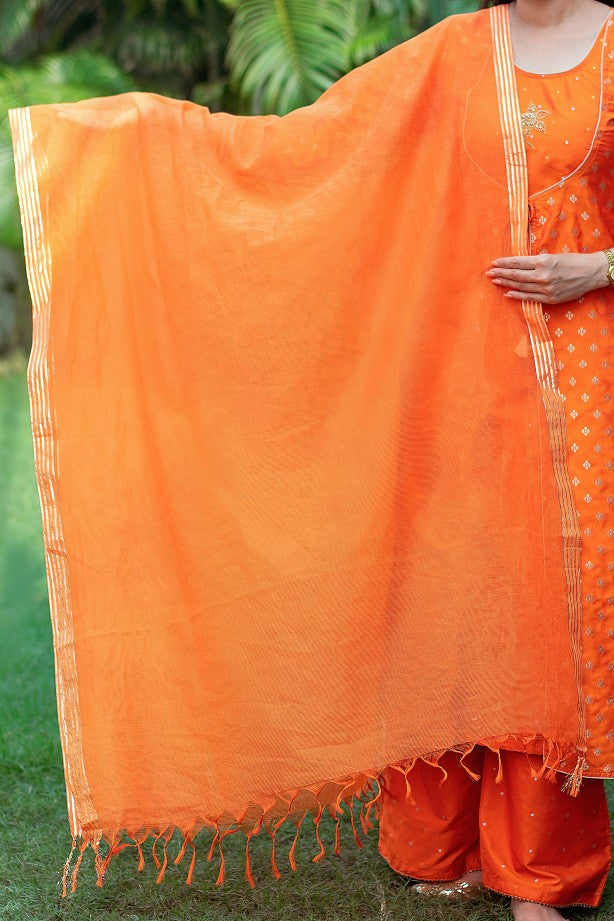 Orange colour silk angrakha kurti with zardozi, orange silk palazzo and orange dupatta