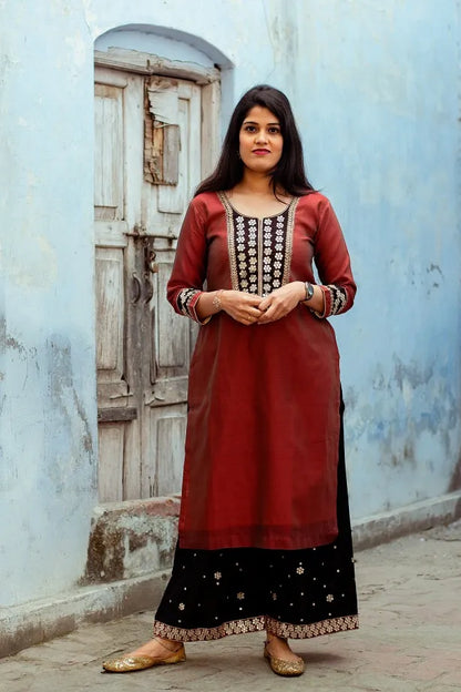 Maroon Chanderi Kurta with zardozi,Black Chanderi Dupatta with zardozi and Black  Palazzo