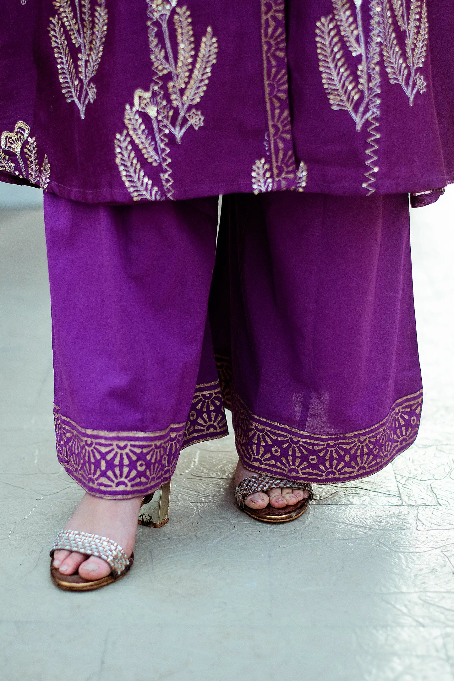 Purple Maheshwari Resham & Zardozi Work Kurta & Dupatta With Purple Palazzo