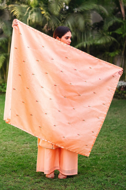 Peach Chanderi Resham Embroidered Kurta And Palazzo With Peach Chanderi Dupatta