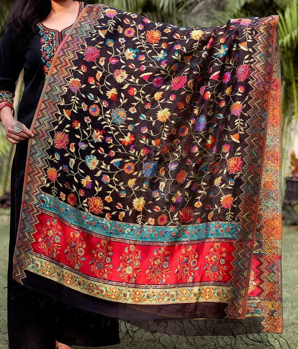 Modern look with Woman wearing Black Resham Embroidered Chanderi Kurta, Black Palazzo & Jamawar Silk Dupatta