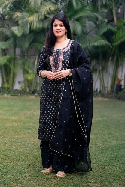 Black Silk Kurta with Zardozi,Black Chanderi Dupatta and Black Palazzo