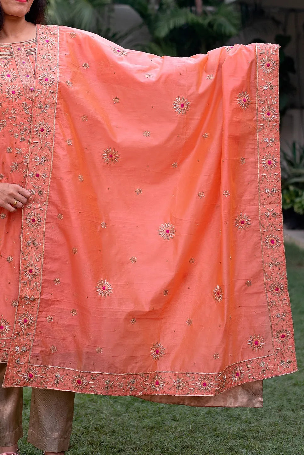 peach chanderi zardozi resham and zardozi work kurta & dupatta with peach trousers