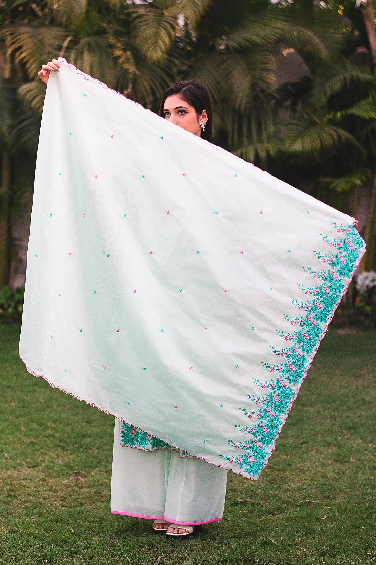 Sea-green chanderi resham embroidered kurta and dupatta with sea-green palazzo