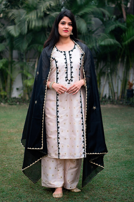 off white cotton silk kurta and palazzo,black chanderi dupatta with apllique work