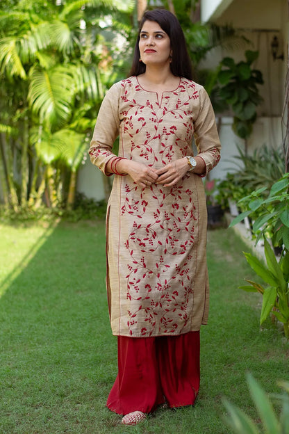 Beige silk applique work kurta & dupatta with maroon palazzo