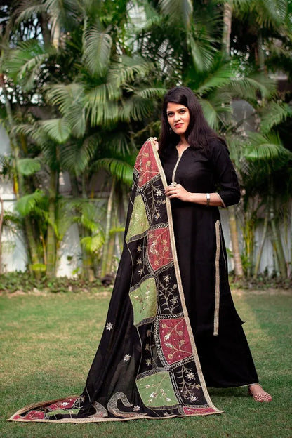 Multicoloured Zardozi Embroidered Chanderi Dupatta with Black chanderi Kurta and black Palazzo