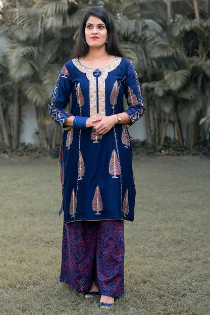 Blue Maheshwari Resham & Zardozi Work Kurta & Dupatta with Blue Palazzo