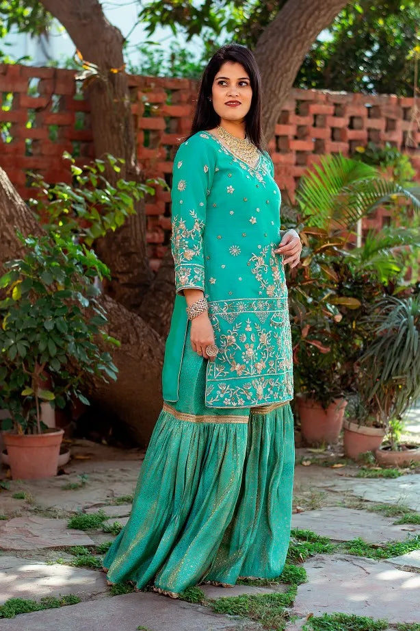 Green brocade traditional gharara with zardozi work