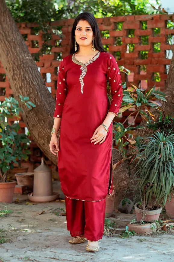 Maroon silk kurta with zardozi work, Maroon Chiffon Dupatta and Maroon Palazzo