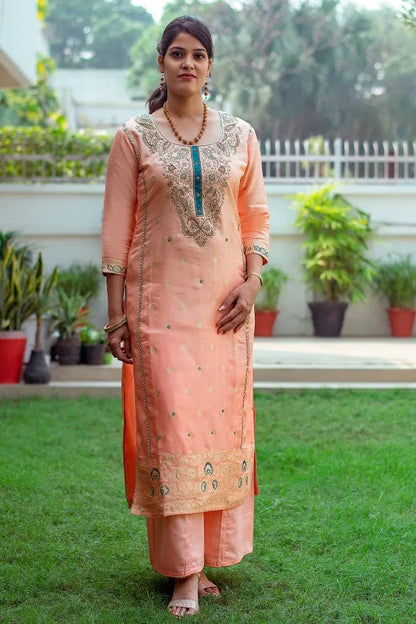 Peach banarasi silk zardozi work kurta and dupatta with peach palazzo