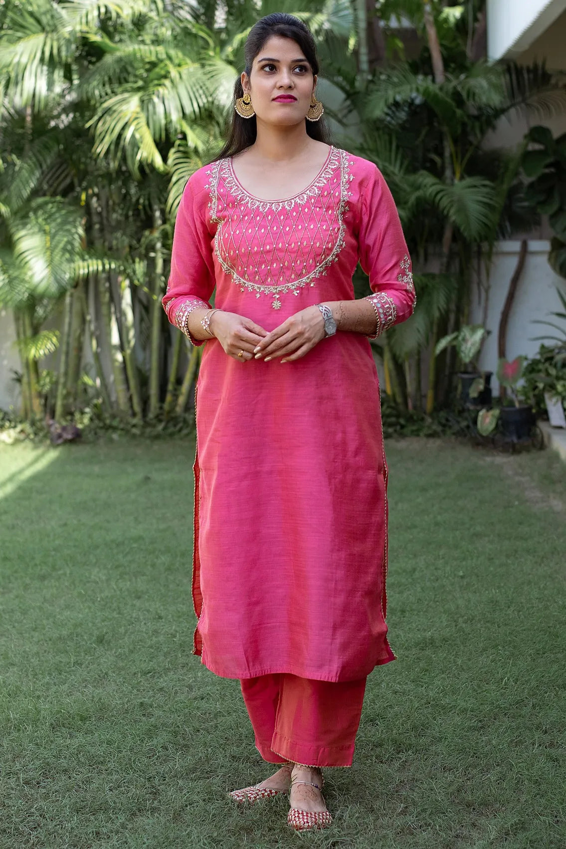 Pink Silk Zardozi & Applique Work Kurta with Chanderi Dupatta and Pink Trousers