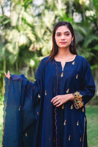 Navy Blue chanderi resham embroidered kurta and dupatta with Navy blue palazzo