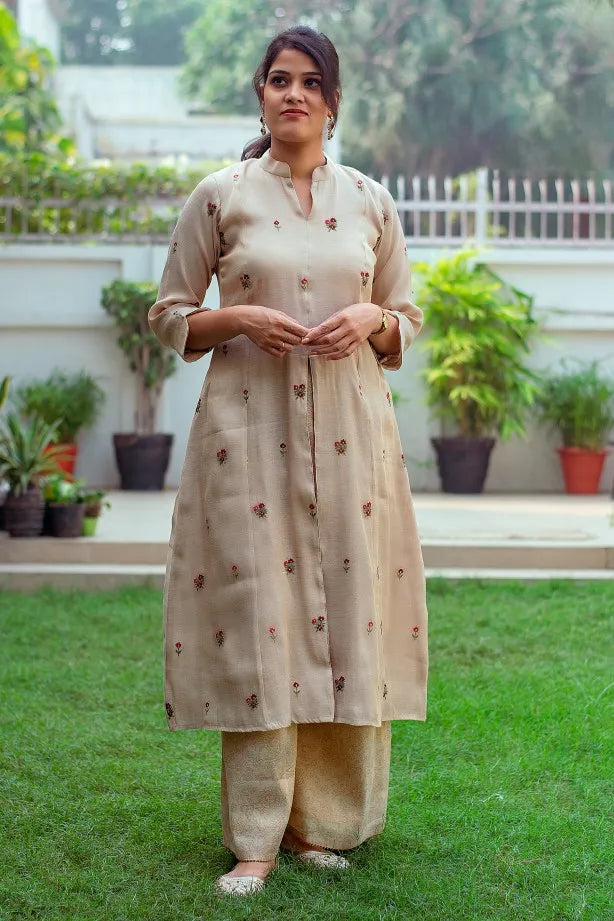 Embroidered set with golden chanderi kurta, palazzo and maroon dupatta