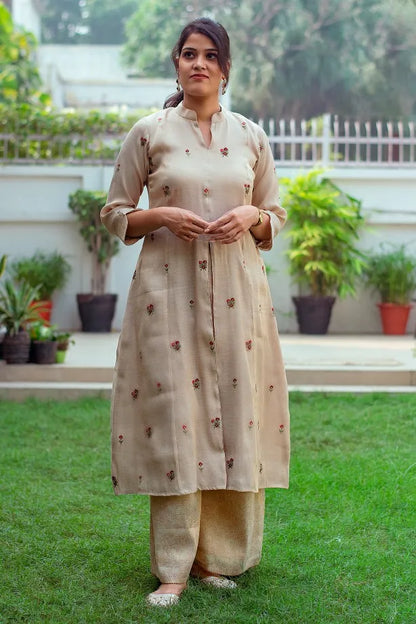 Embroidered set with golden chanderi kurta, palazzo and maroon dupatta