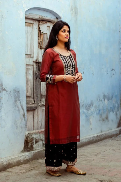 Maroon Chanderi Kurta with zardozi,Black Chanderi Dupatta with zardozi and Black  Palazzo