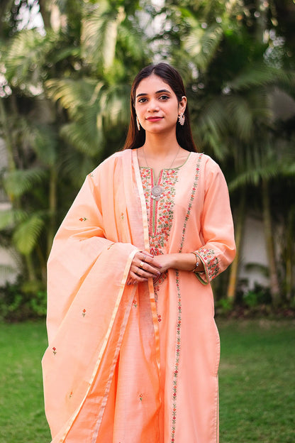 Peach Chanderi Resham Embroidered Kurta And Palazzo With Peach Chanderi Dupatta