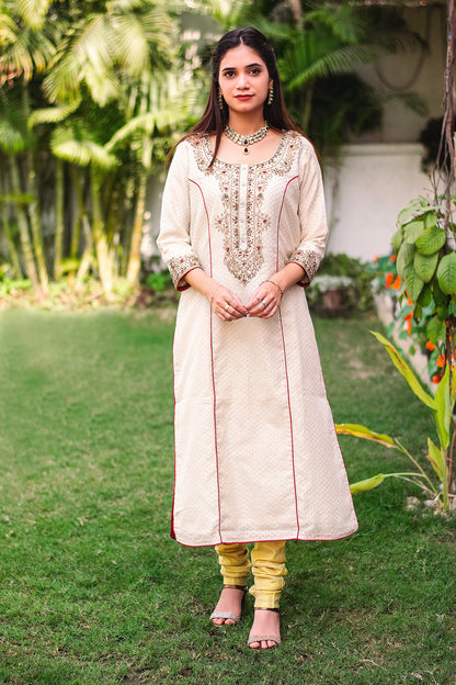 Off White Zardozi Kurti set with Red Banarasi Dupatta and Golden Churidar