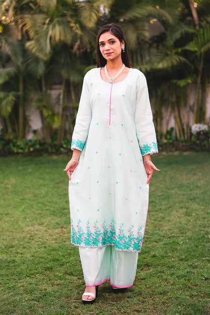 Sea-green chanderi resham embroidered kurta and dupatta with sea-green palazzo