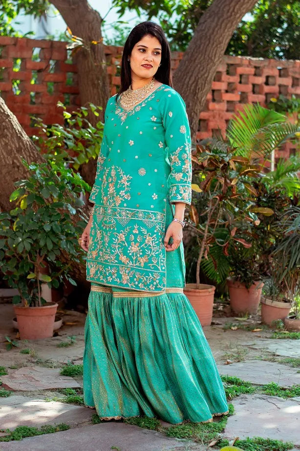 Green brocade traditional gharara with zardozi work