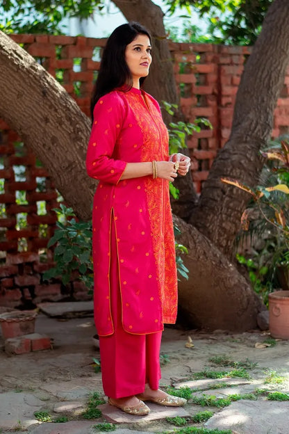 Magenta cotton silk resham embroidered kurta, magenta organza dupatta and Magenta  palazzo