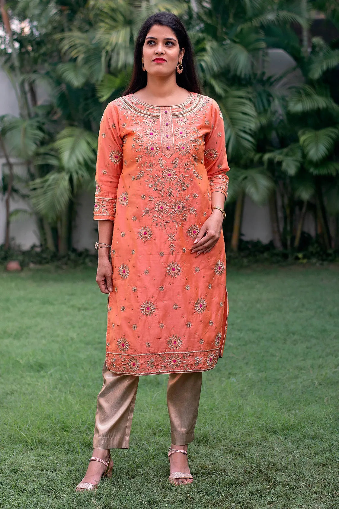 peach chanderi zardozi resham and zardozi work kurta & dupatta with peach trousers