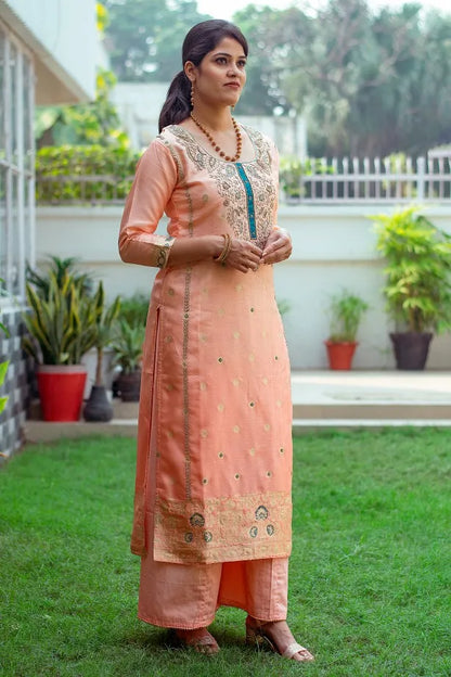 Peach banarasi silk zardozi work kurta and dupatta with peach palazzo