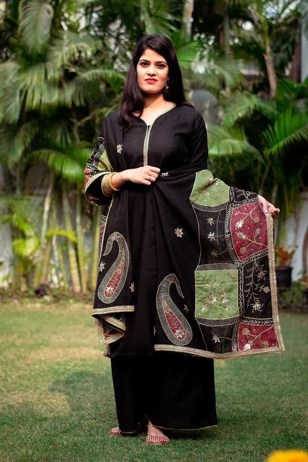 Multicoloured Zardozi Embroidered Chanderi Dupatta with Black chanderi Kurta and black Palazzo