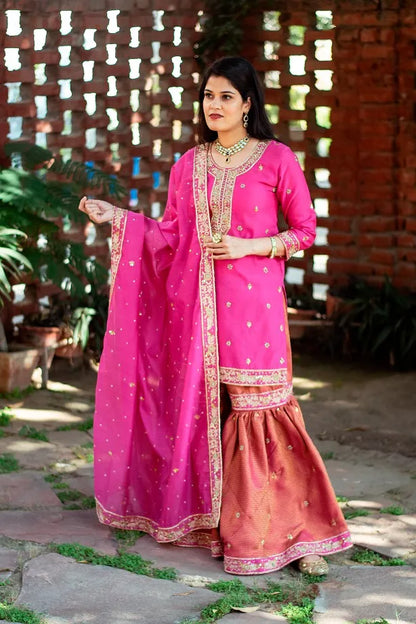 Pink brocade sharara,chanderi kurta and dupatta with zardozi work