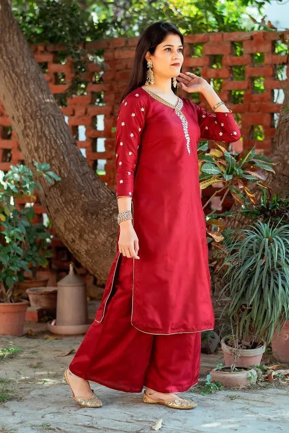 Maroon silk kurta with zardozi work, Maroon Chiffon Dupatta and Maroon Palazzo