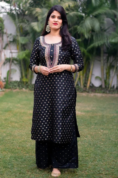 Black Silk Kurta with Zardozi,Black Chanderi Dupatta and Black Palazzo