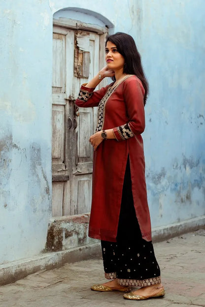 Maroon Chanderi Kurta with zardozi,Black Chanderi Dupatta with zardozi and Black  Palazzo