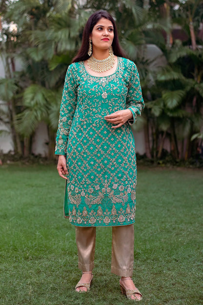 Sea-green chanderi zardozi work kurta and dupatta with golden trousers