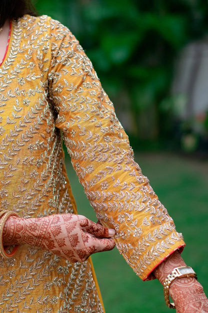 Mustard yellow gharara set with zardozi work