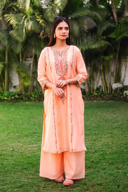 Peach Chanderi Resham Embroidered Kurta And Palazzo With Peach Chanderi Dupatta