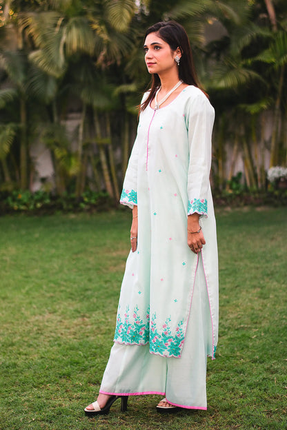 Sea-green chanderi resham embroidered kurta and dupatta with sea-green palazzo