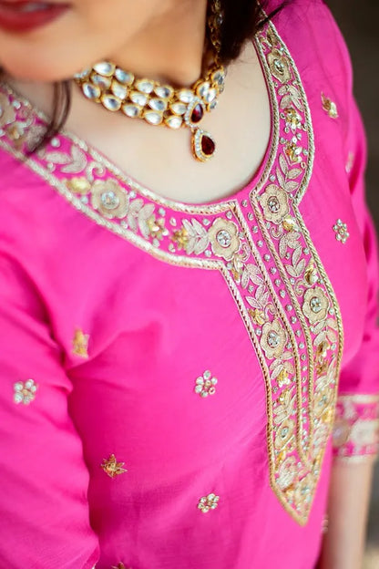 Pink brocade sharara,chanderi kurta and dupatta with zardozi work