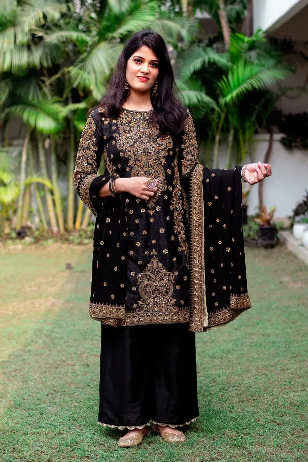 Black Silk Kurta with zardozi, Black Georgette dupatta and black Palazzo