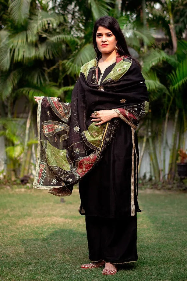 Multicoloured Zardozi Embroidered Chanderi Dupatta with Black chanderi Kurta and black Palazzo