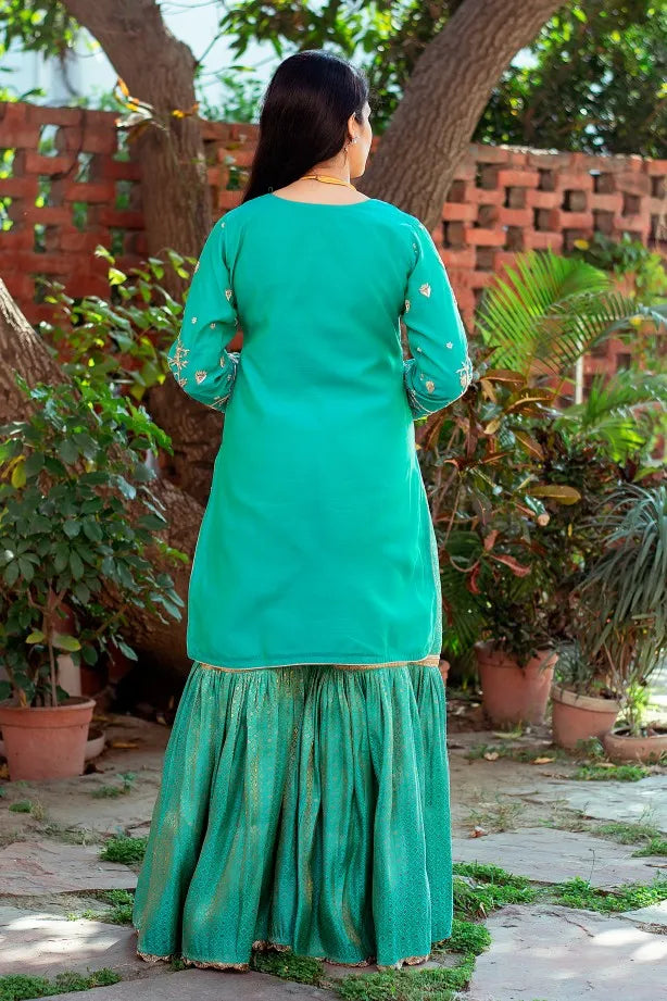 Green brocade traditional gharara with zardozi work