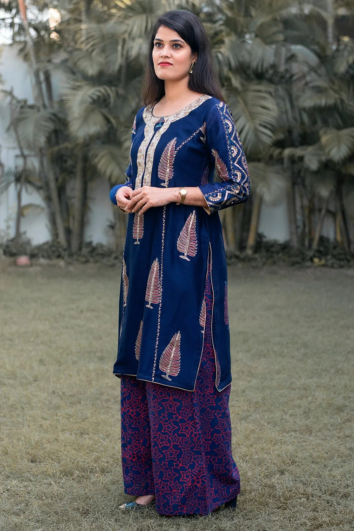 Blue Maheshwari Resham & Zardozi Work Kurta & Dupatta with Blue Palazzo