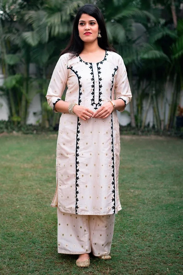 off white cotton silk kurta and palazzo,black chanderi dupatta with apllique work