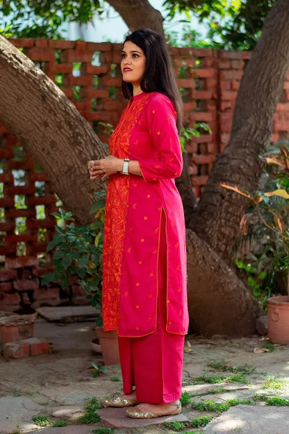 Magenta cotton silk resham embroidered kurta, magenta organza dupatta and Magenta  palazzo