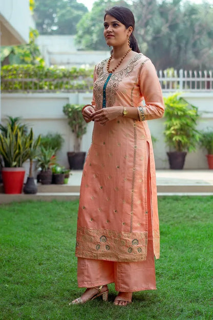 Peach banarasi silk zardozi work kurta and dupatta with peach palazzo