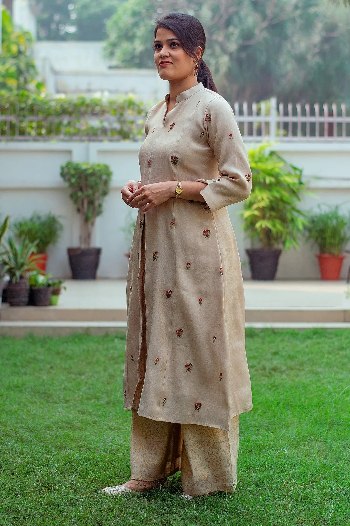 Embroidered set with golden chanderi kurta, palazzo and maroon dupatta