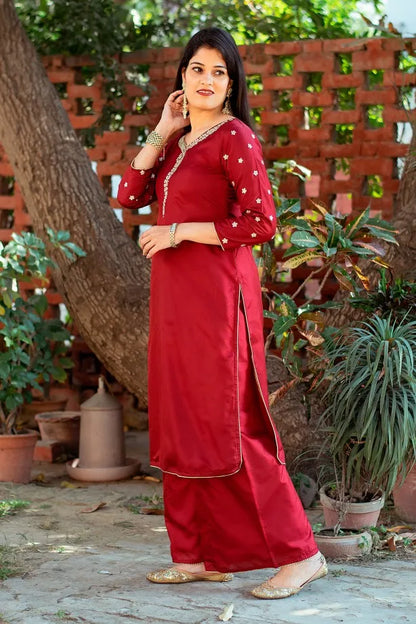 Maroon silk kurta with zardozi work, Maroon Chiffon Dupatta and Maroon Palazzo