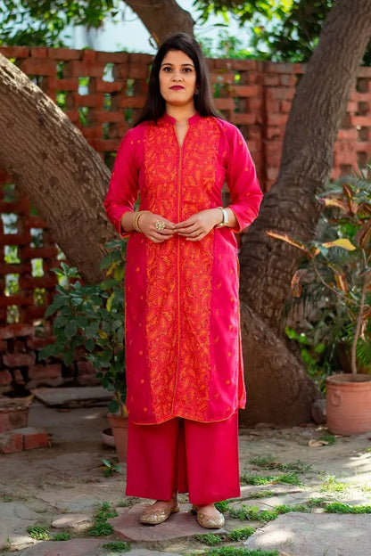 Magenta cotton silk resham embroidered kurta, magenta organza dupatta and Magenta  palazzo